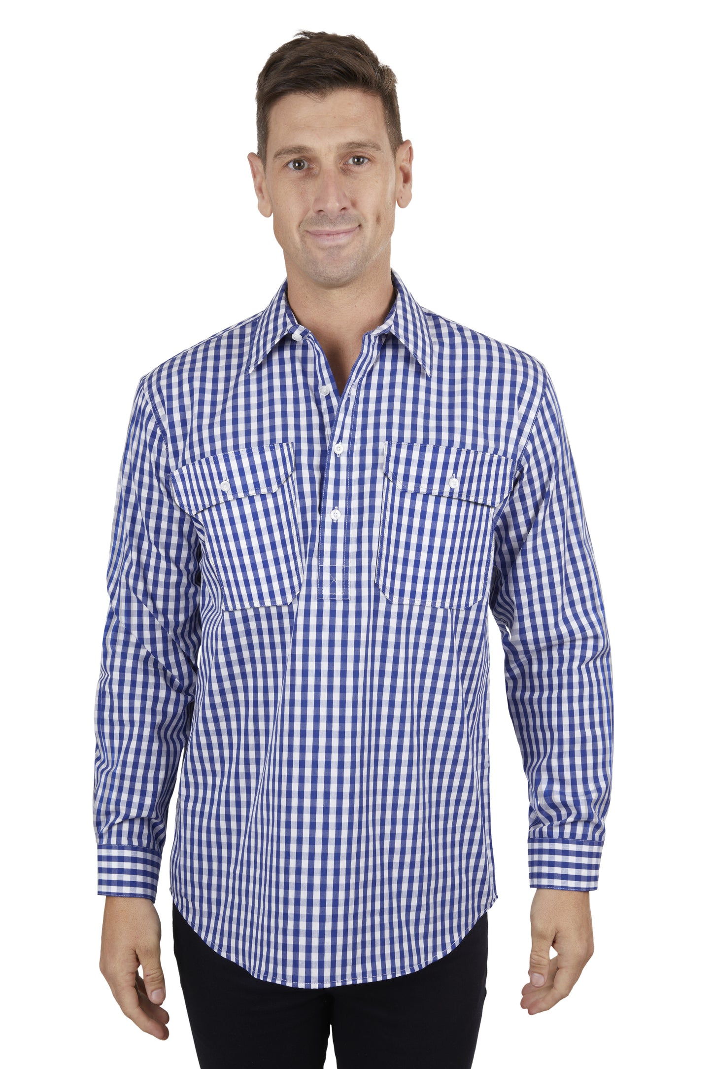 Hard Slog Mens Denny Half Placket L/S Shirt - Blue/White