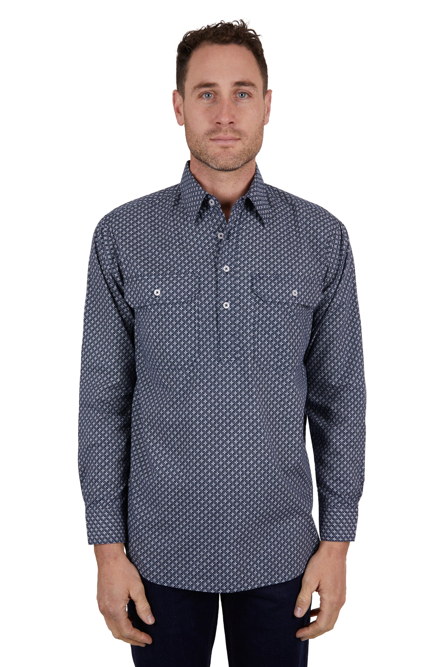 Hard Slog Mens Quinn Half Placket L/S Shirt - Navy/White - H4W1101184
