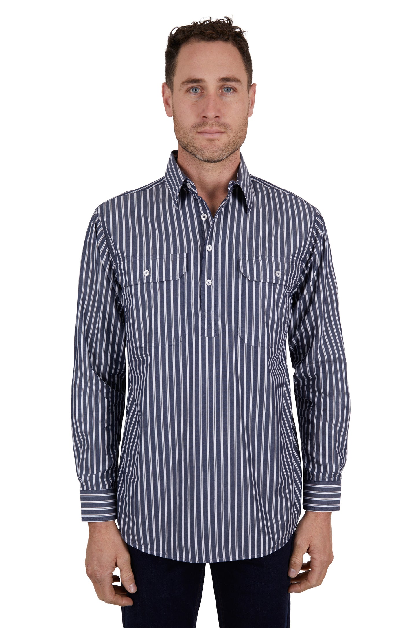 Hard Slog Mens Ken Half Placket L/S Shirt - Navy/White - H4W1101185