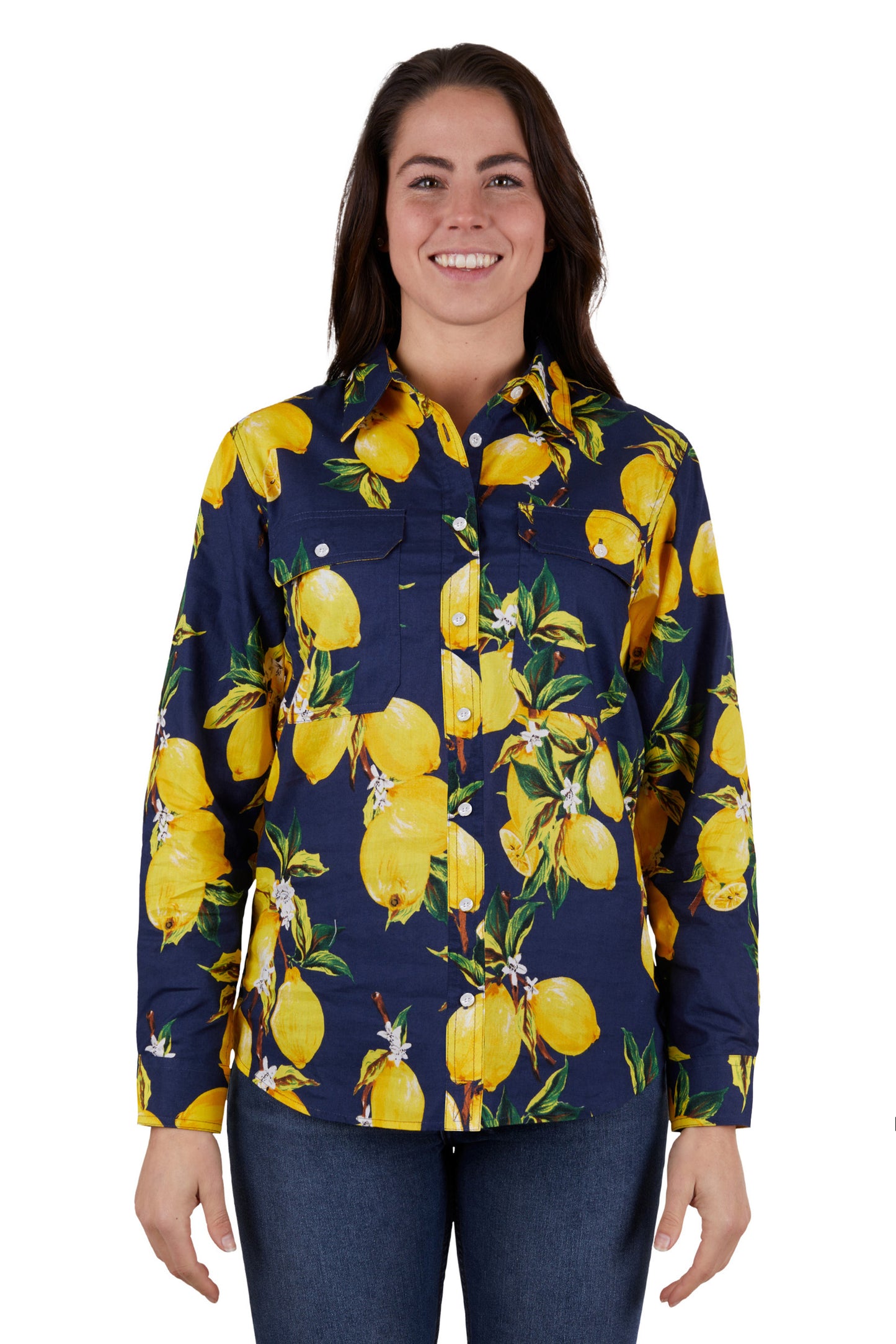Hard Slog Ladies Sana Full Placket L/S Shirt - Navy/Yellow - H4W2101200