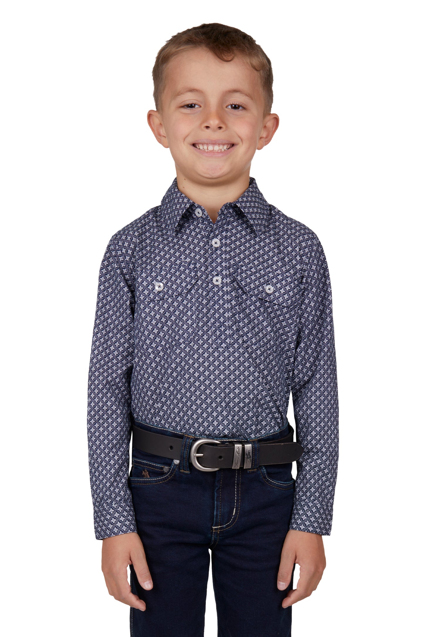 Hard Slog Kids Quin Half Placket L/S Shirt - Navy/White - H4W7101184