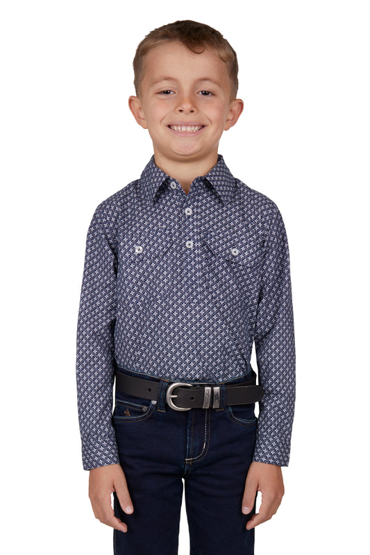 Hard Slog Kids Quin Half Placket L/S Shirt - Navy/White - H4W7101184