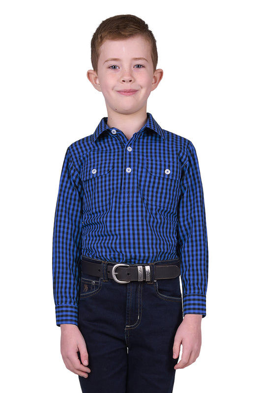 Hard Slog Kids Astell Half Placket L/S Shirt - Black/Royal