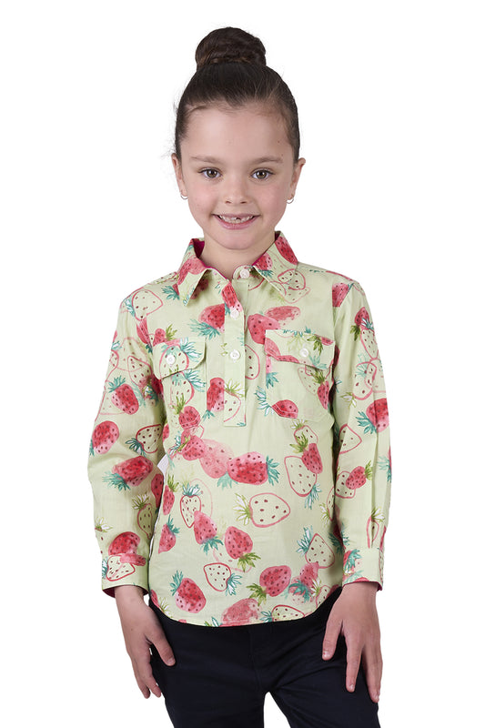 Hard Slog Kids Kimmy  Half Placket Long Sleeve Shirt - Green Floral