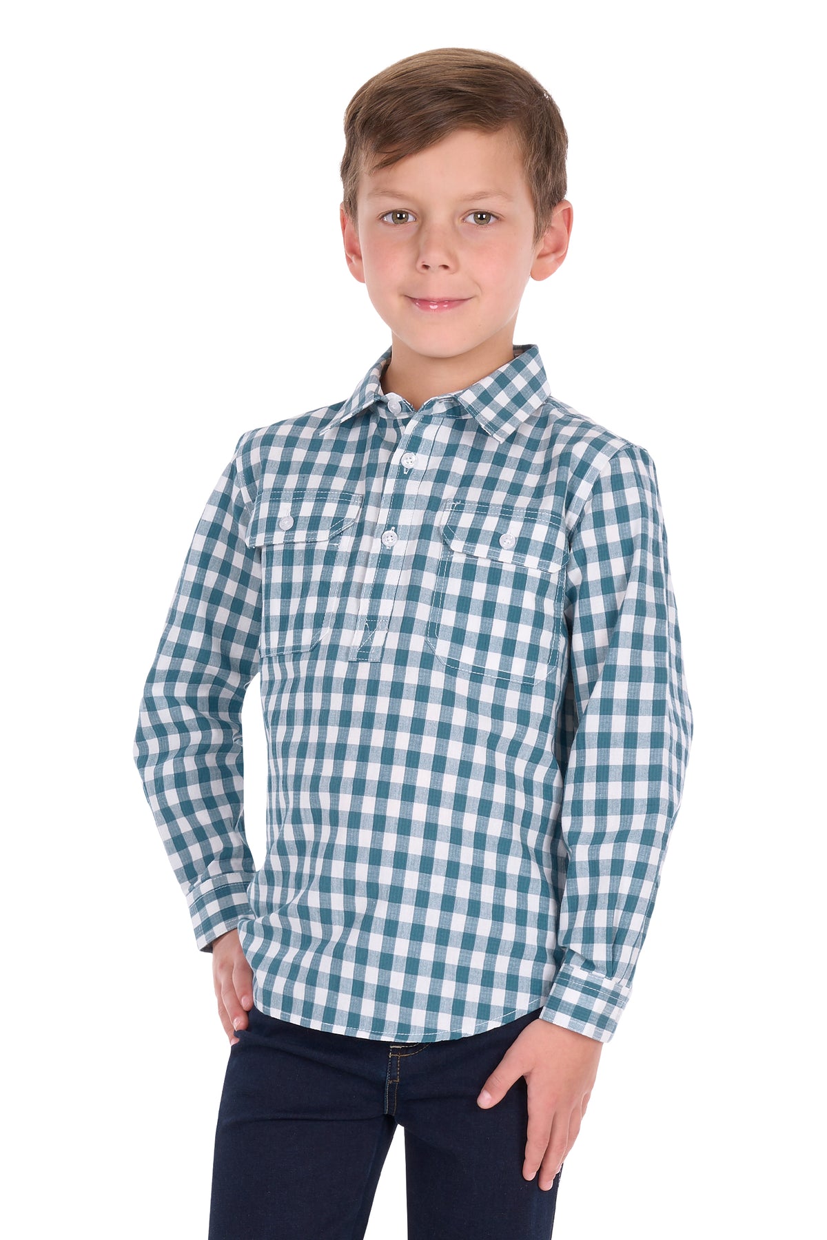 Hard Slog Kids River Half Placket L/S Shirt - Teal - H6S7101185