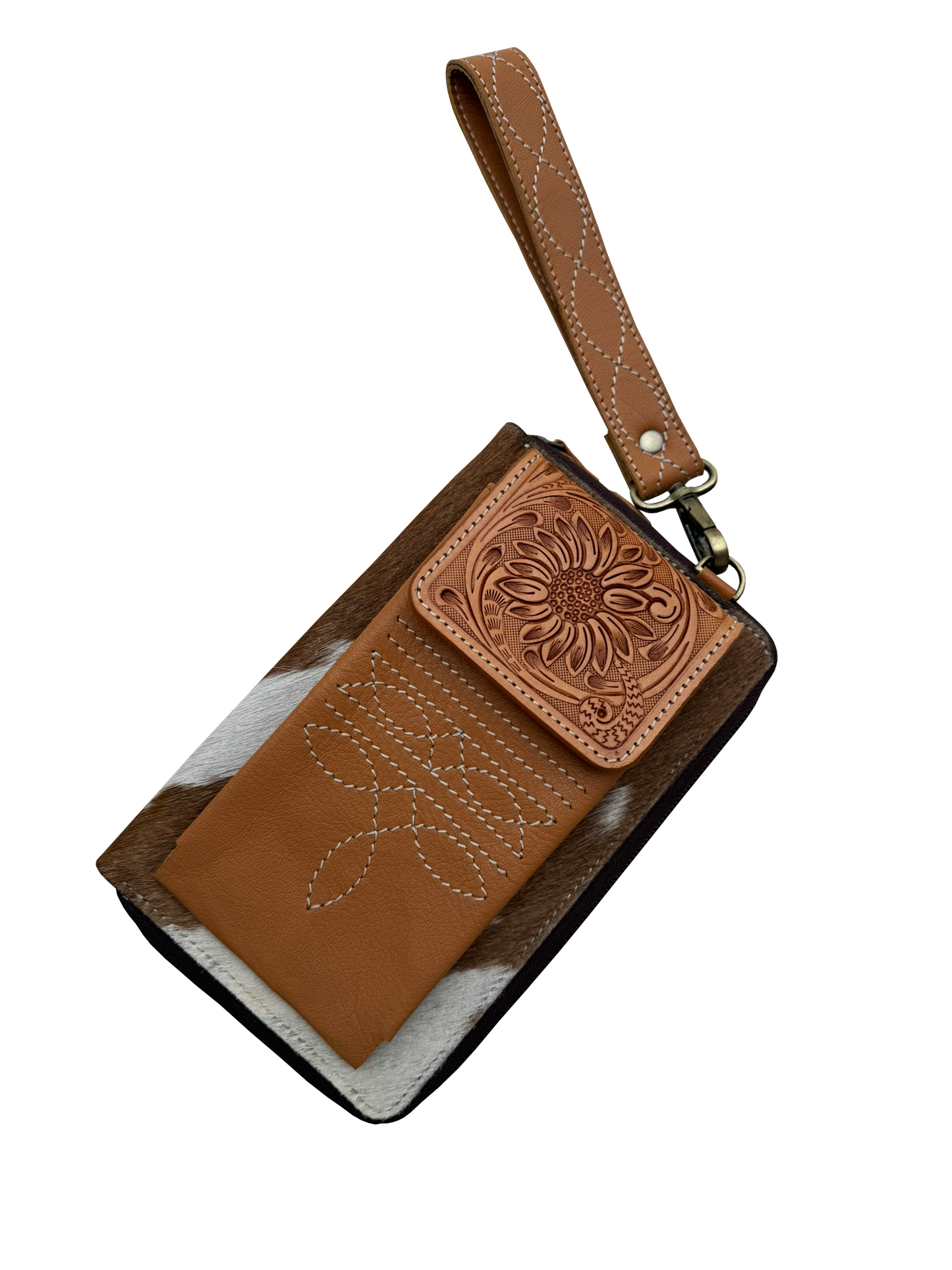 The Design Edge Cowhide Boot Stitch Clutch Wallet- Tan and White