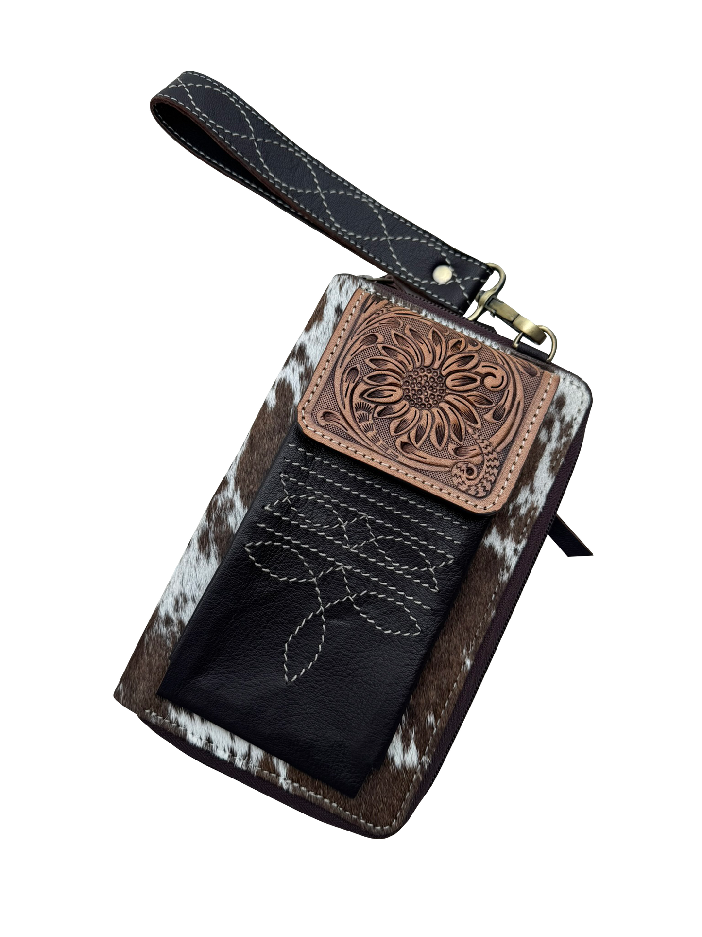 The Design Edge Cowhide Boot Stitch Clutch Wallet- Dark Brown Leather