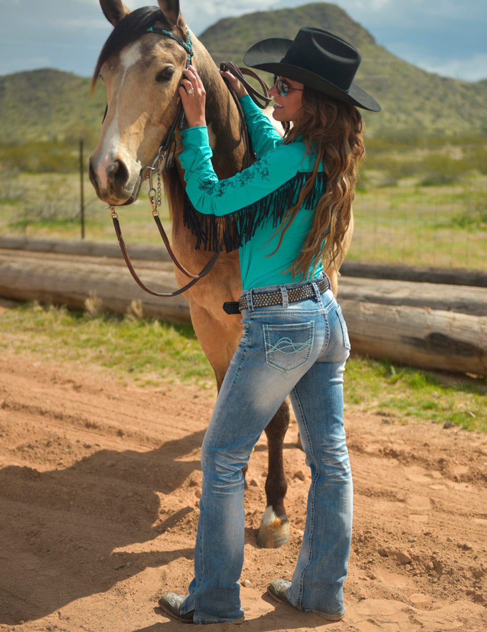 Cowgirl Tuff Don't Fence Me In Turquoise Mid Rise Jean - DFMI Turquoise