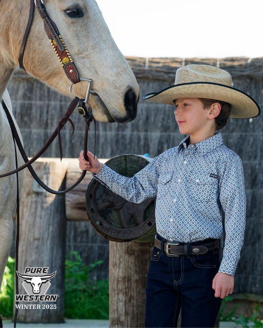 Pure Western Boys Mark  L/S Shirt - Navy/Teal - P5W3100875