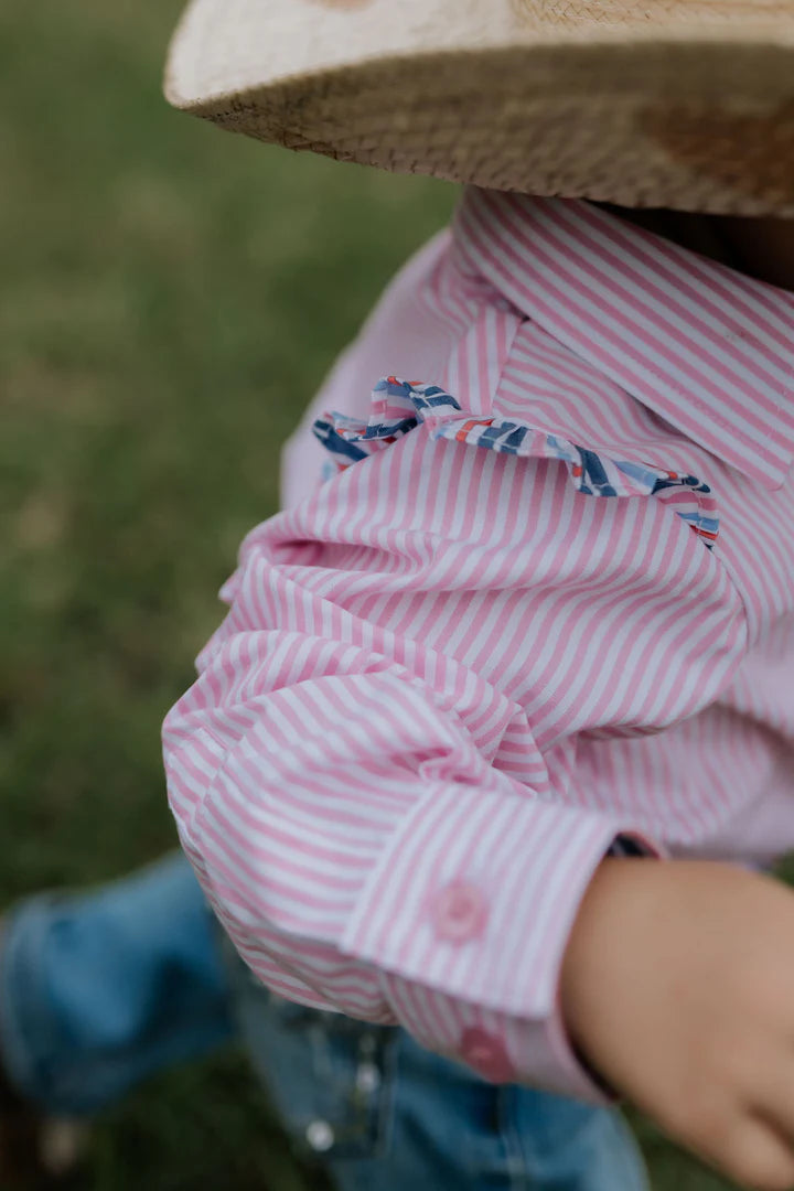 Little Windmill Lara Multi Stripe Pink Ruffle L/S Romper