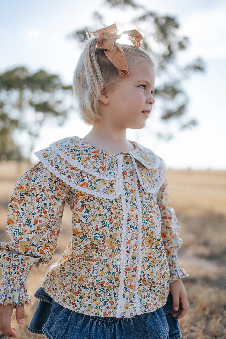 Little Windmill Elsie Girls Butter Yellow Floral L/S Blouse