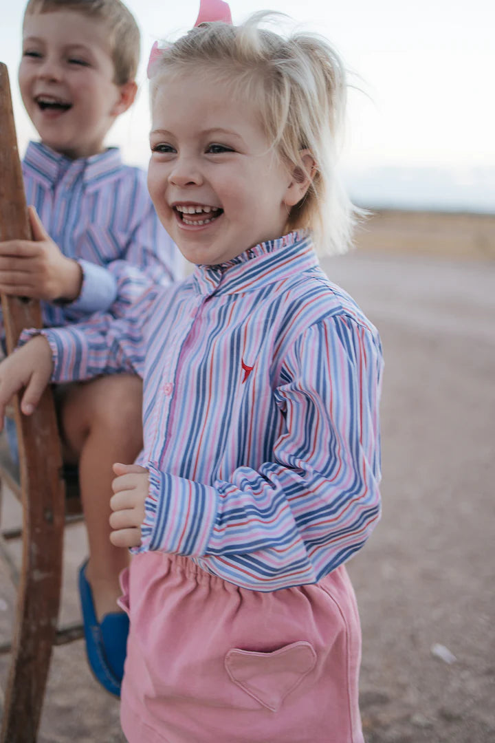 Little Windmill Lauren Multi Stripe Pink Ruffle L/S Shirt