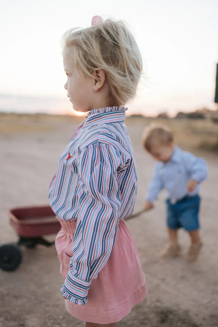 Little Windmill Lauren Multi Stripe Pink Ruffle L/S Shirt