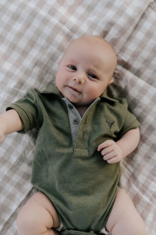 Little Windmill Ky Baby Khaki Green Baby Polo Romper