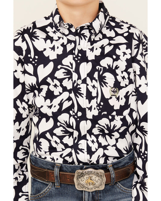 Cinch Boys Floral Print Button Down Western L/S Shirt - Navy
