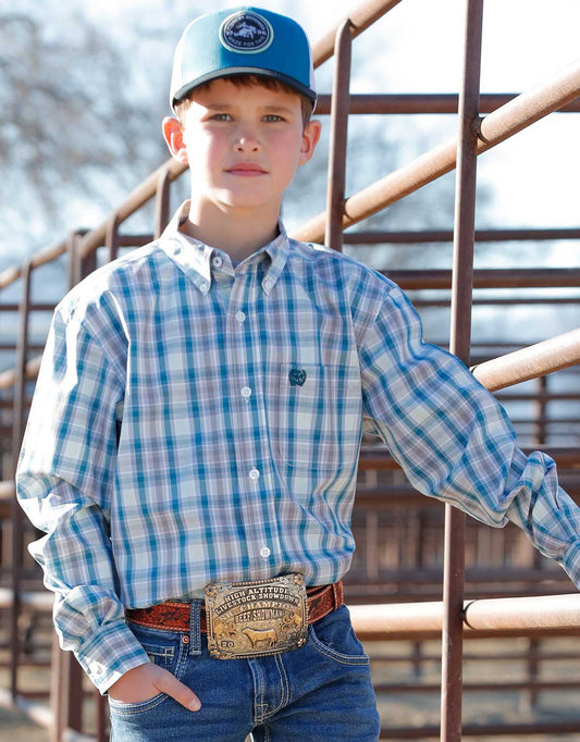 Cinch Boys Plaid Print Button Down Western L/S Shirt - Multi