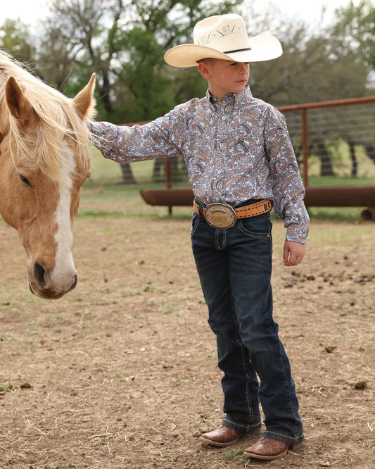 Cinch Boys Button Down L/S Shirt - White Paisley - MTW7060411