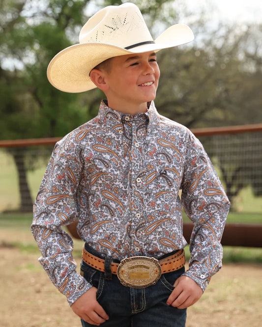 Cinch Boys Button Down L/S Shirt - White Paisley - MTW7060411
