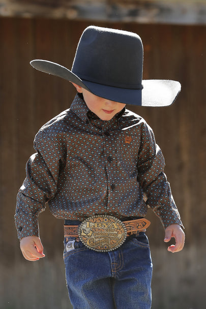 Cinch Boys Toddler Match Dad Geometric Print Button Down Western Shirt - Brown