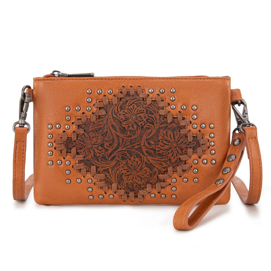 Montana West Floral Tooled Wristlet Clutch/Crossbody Bag - Brown