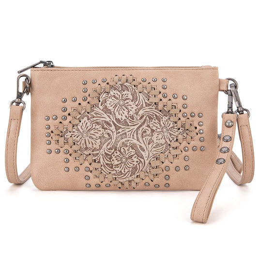 Montana West Floral Tooled Wristlet Clutch/Crossbody Bag - Tan