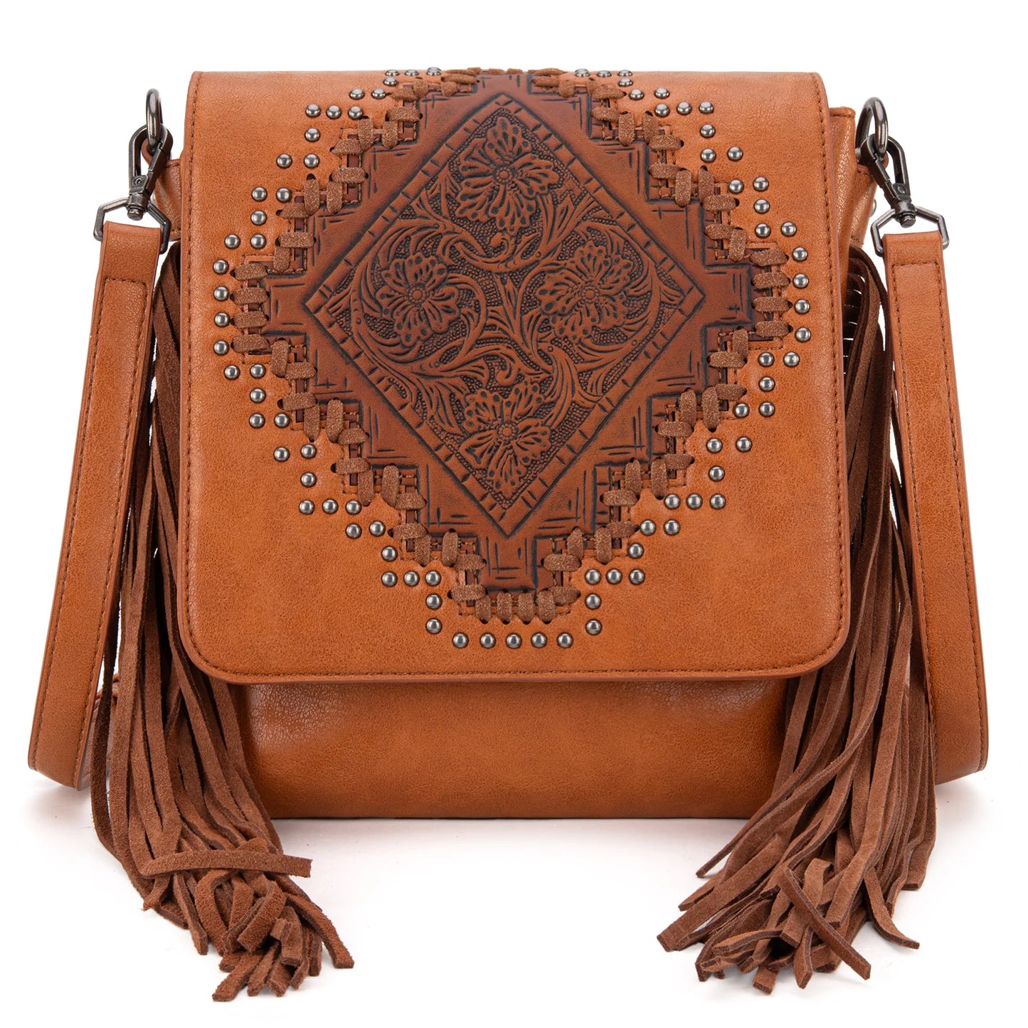Montana West Tooled Fringe Carry Crossbody Bag - Brown