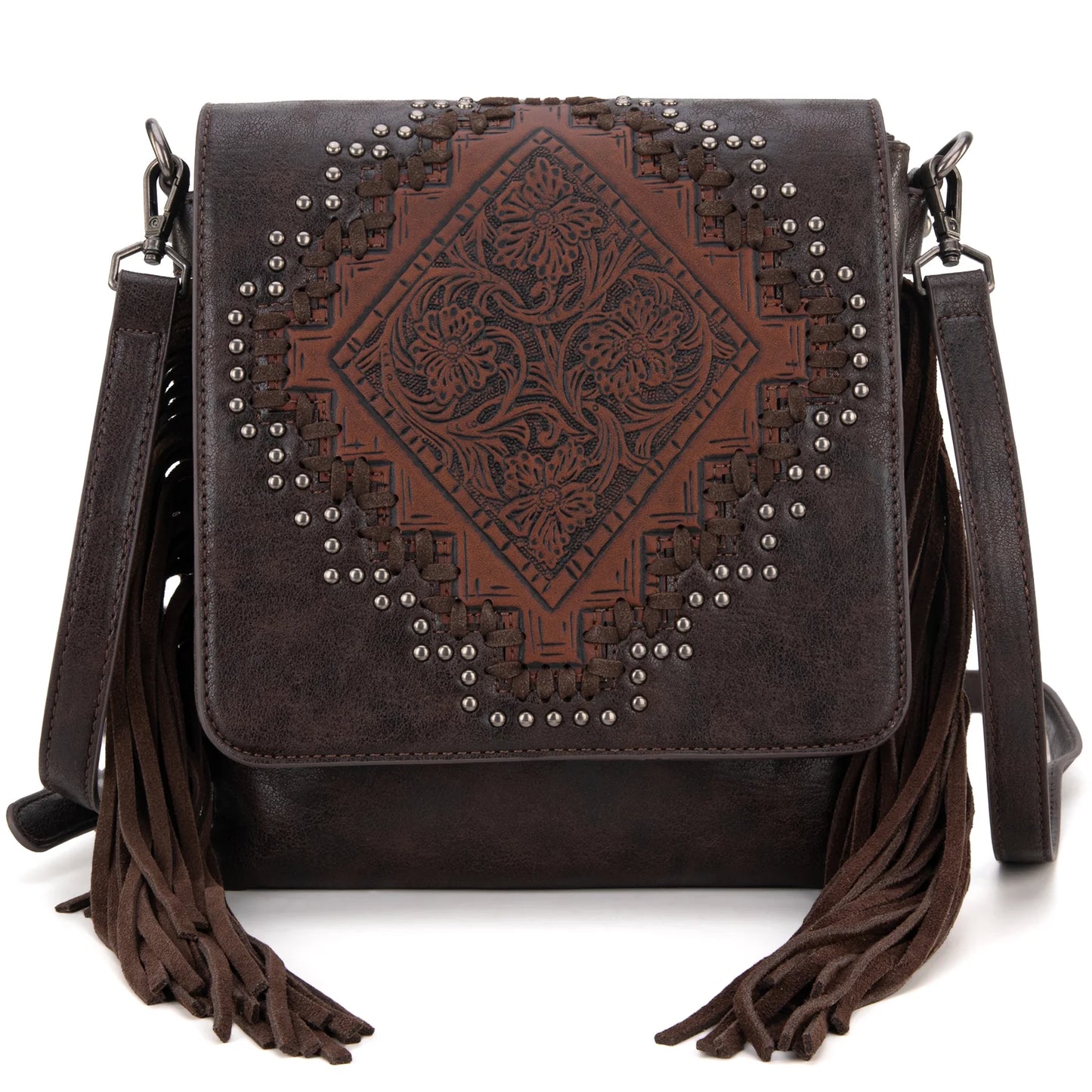 Montana West Tooled Fringe Carry Crossbody Bag - Coffee