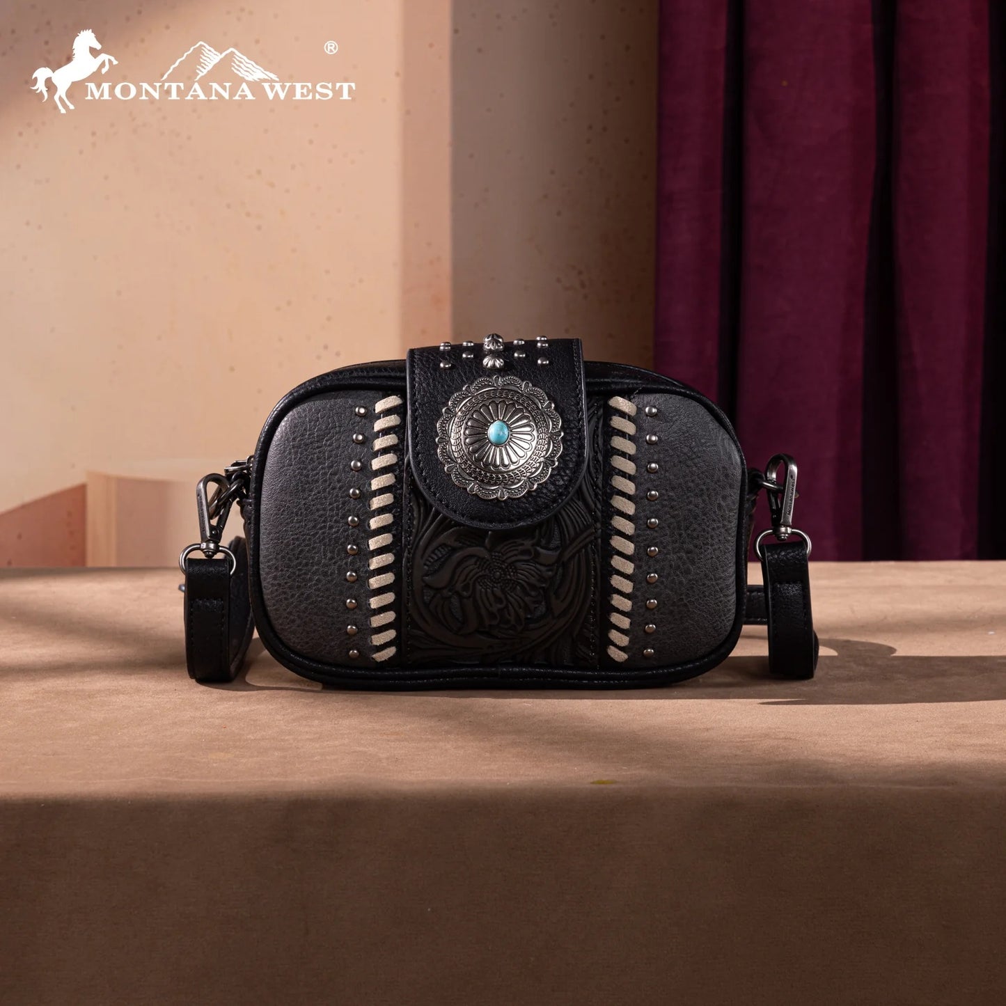 Montana West Tooled Concho Crossbody - Black