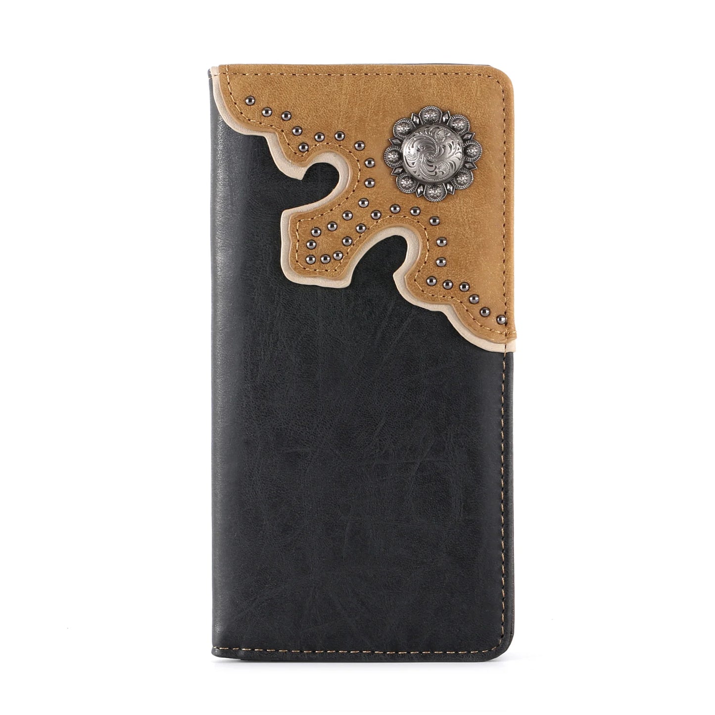 Montana West Mens Antique Silver Concho Bifold Long Wallet - Black - MW-606BK