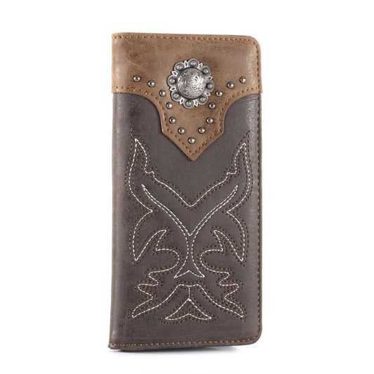 Montana West Mens Embroidered Boot Scroll Bifold Long PU Leather Wallet - Coffee