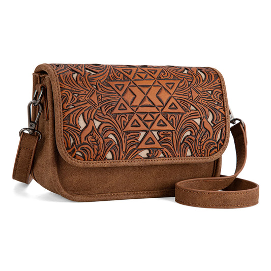 Trinity Ranch Floral Aztec Tooled Crossbody Bag - Brown - TR190-8367BR