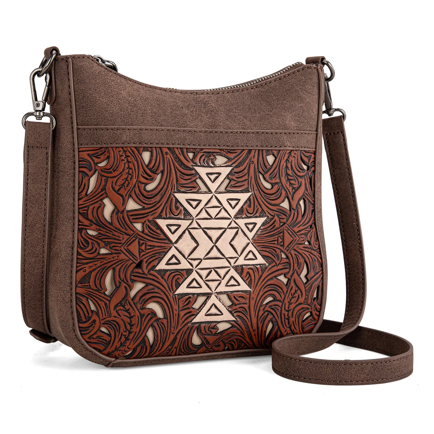Trinity Ranch Floral Aztec Tooled Crossbody Bag - Coffee