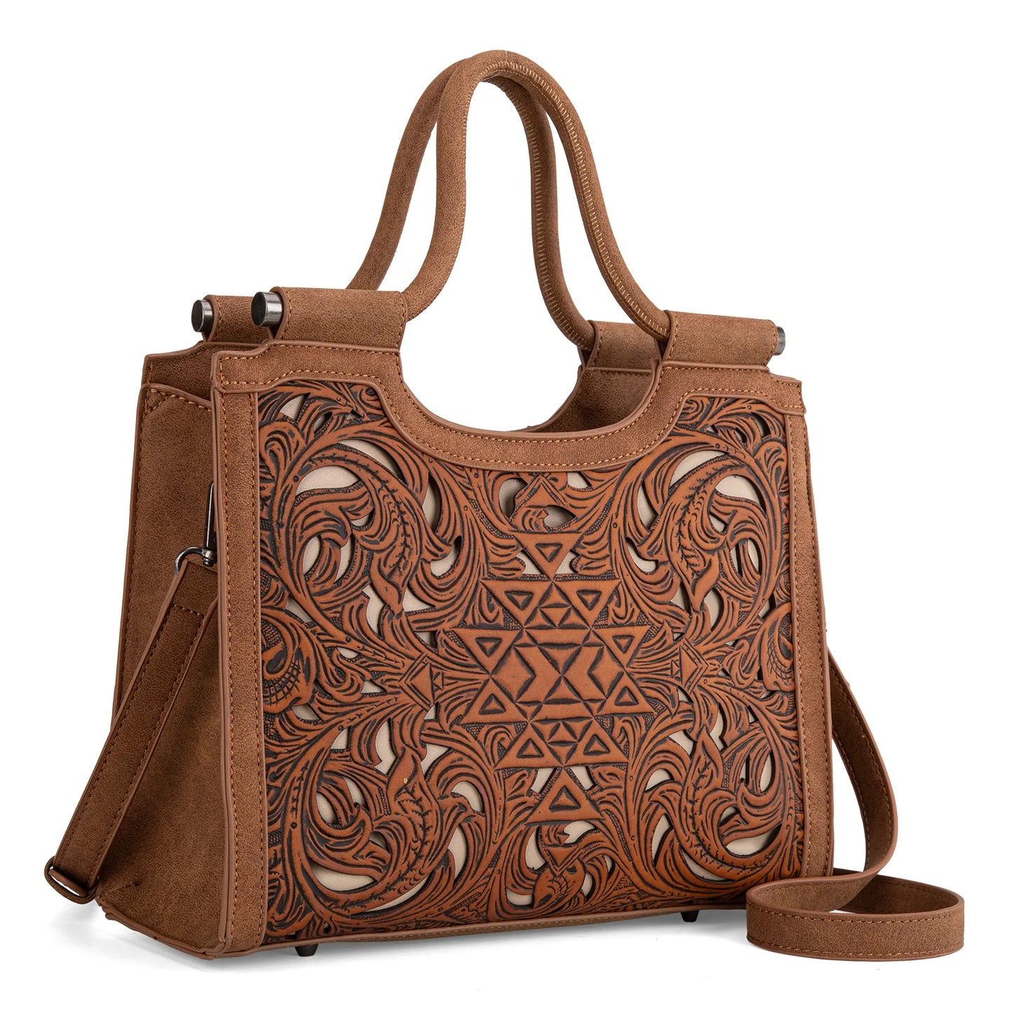Trinity Ranch Floral Aztec Tooled Carry Tote/Crossbody Bag - Brown