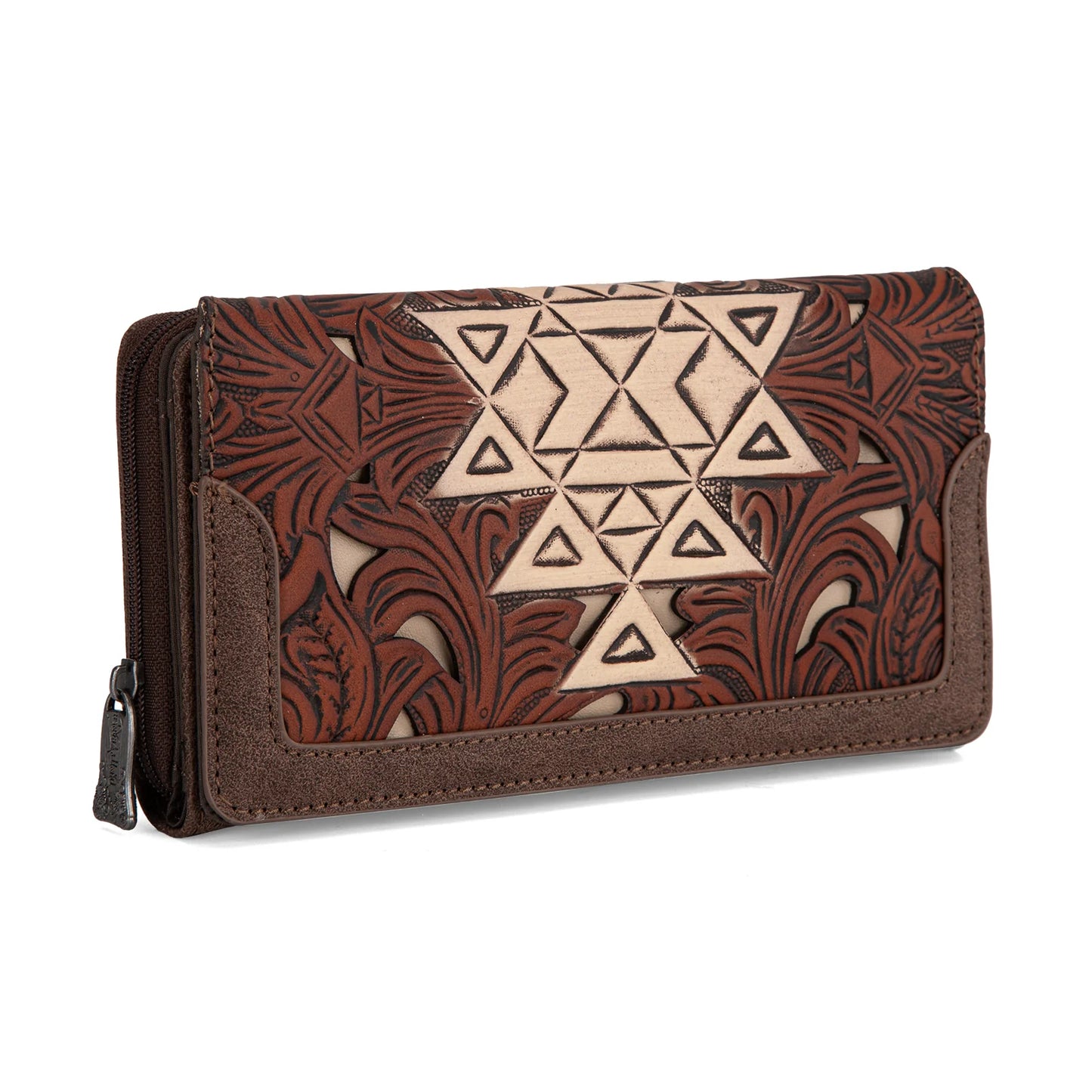 Trinity Ranch Floral Aztec Tooled Wallet - Coffee