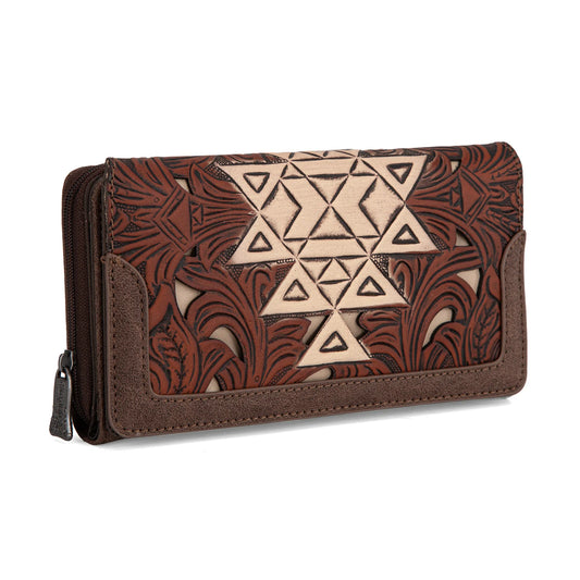 Trinity Ranch Floral Aztec Tooled Wallet - Coffee
