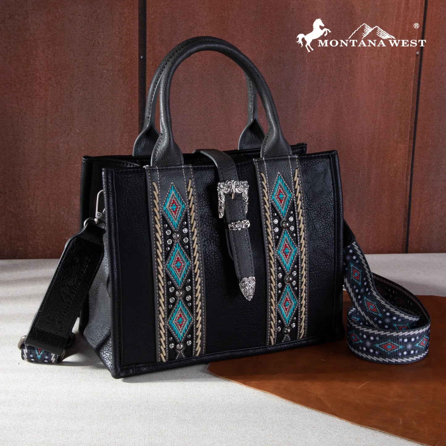 Montana West Buckle Aztec Carry Tote/Crossbody Bag - Black