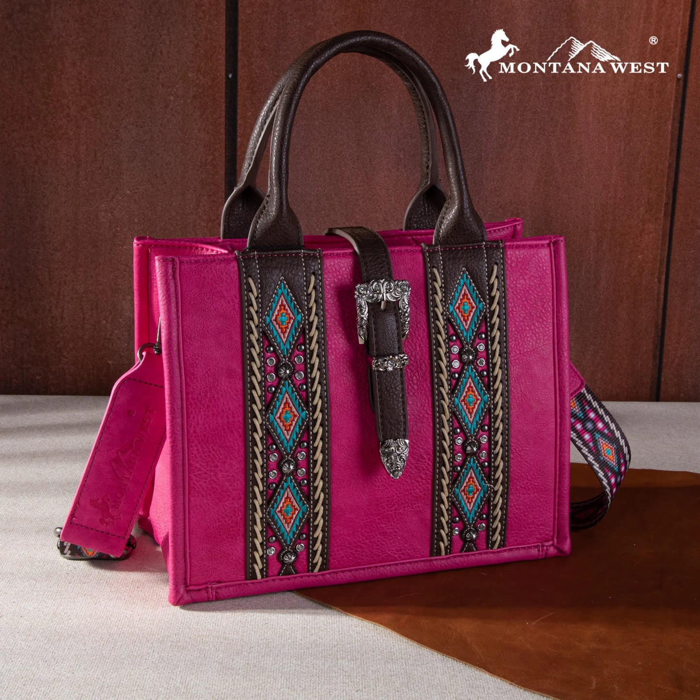 Montana West Buckle Aztec Carry Tote/Crossbody Bag - Hot Pink
