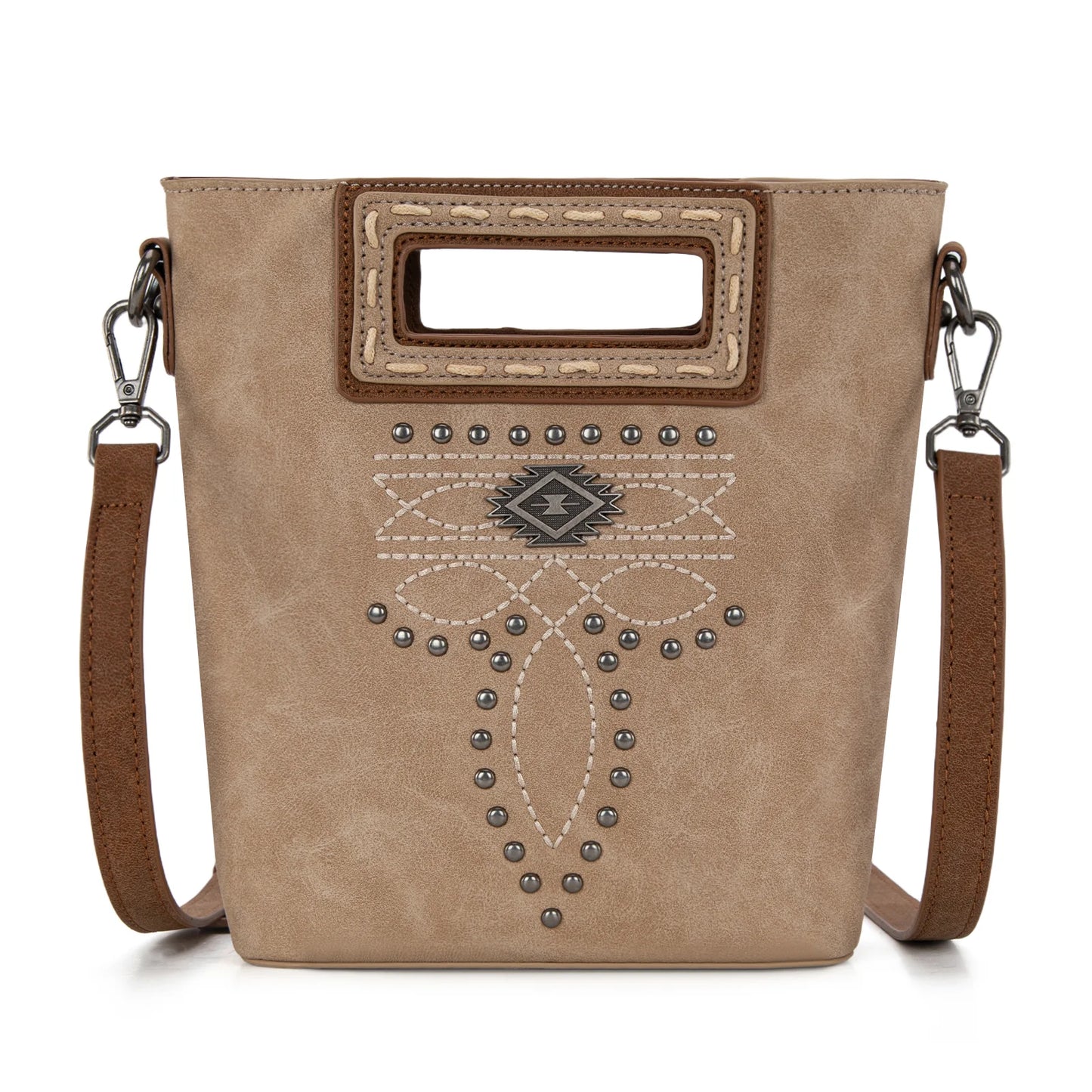 Montana West Cut Out Embroidered Top Handle Crossbody Bag - Tan