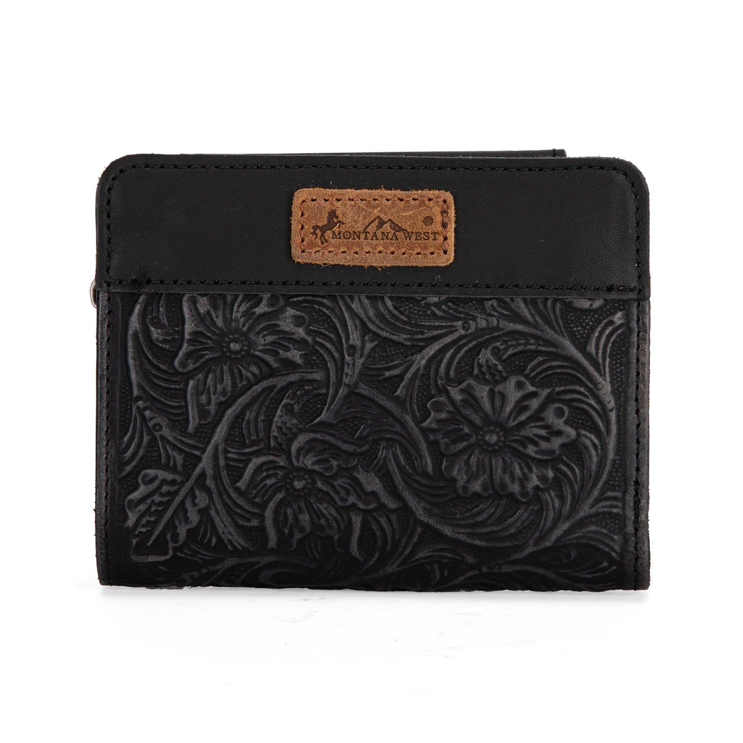 Montana West Genuine Leather Tooled Tri-Fold RFID Wallet - Black