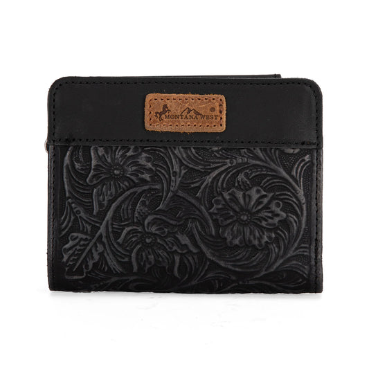 Montana West Genuine Leather Tooled Tri-Fold RFID Wallet - Black - MWS-1007BK