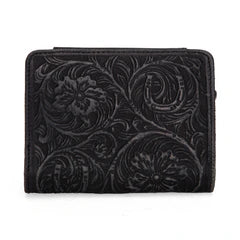 Montana West Genuine Leather Tooled Tri-Fold RFID Wallet - Black