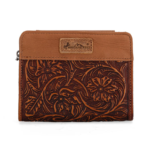 Montana West Genuine Leather Tooled Tri-Fold RFID Wallet - Brown