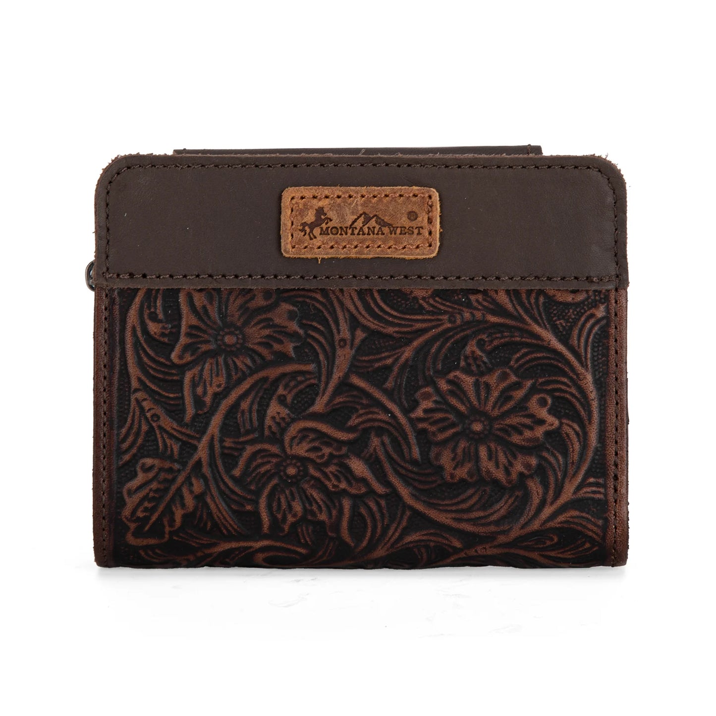 Montana West Genuine Leather Tooled Tri-Fold RFID Wallet - Coffee