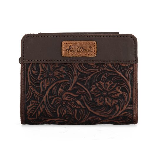 Montana West Genuine Leather Tooled Tri-Fold RFID Wallet - Coffee - MWS-1007CF