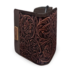Montana West Genuine Leather Tooled Tri-Fold RFID Wallet - Coffee