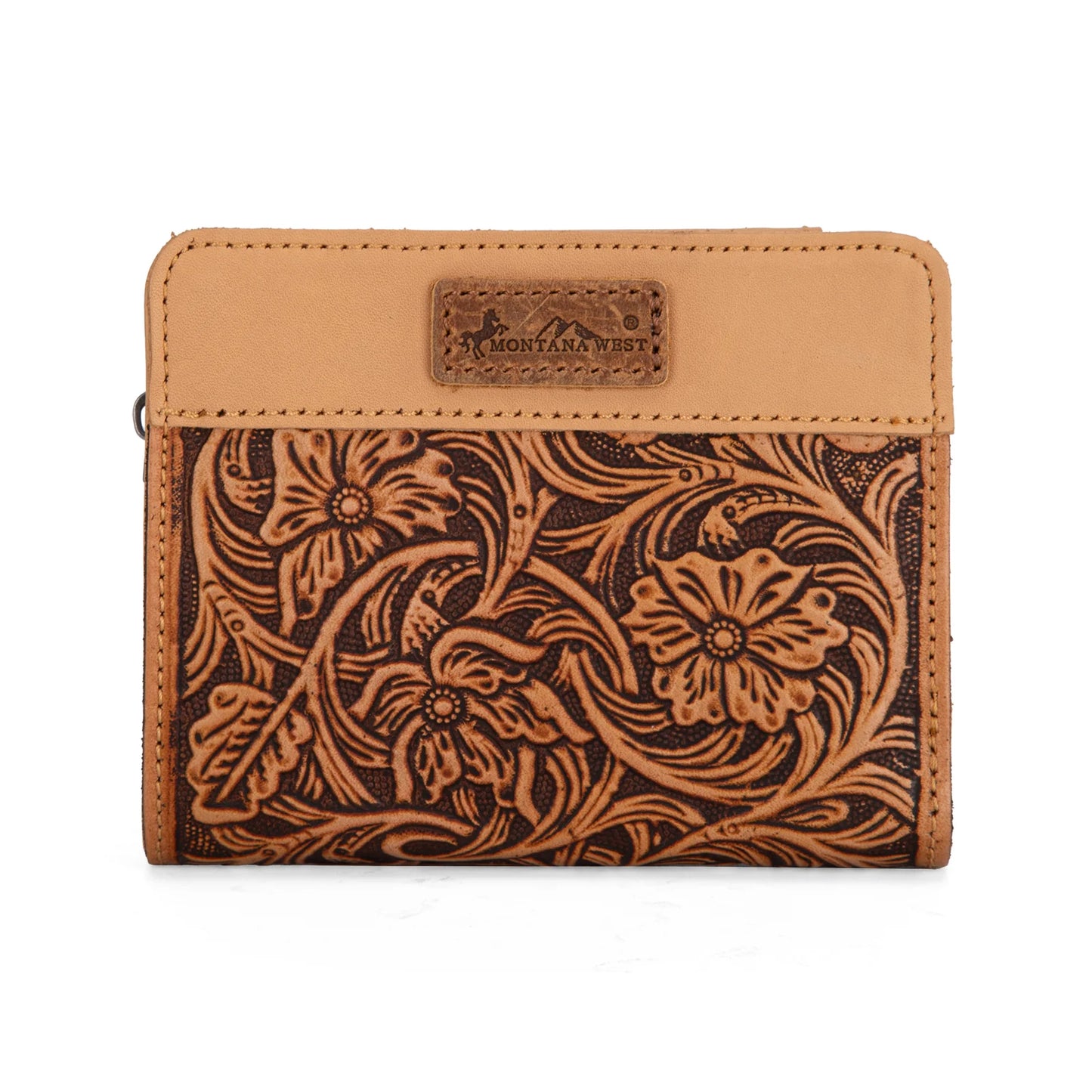Montana West Genuine Leather Tooled Tri-Fold RFID Wallet - Tan