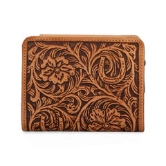 Montana West Genuine Leather Tooled Tri-Fold RFID Wallet - Tan