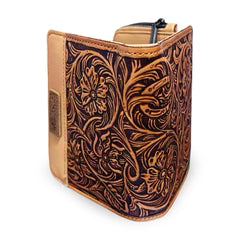 Montana West Genuine Leather Tooled Tri-Fold RFID Wallet - Tan