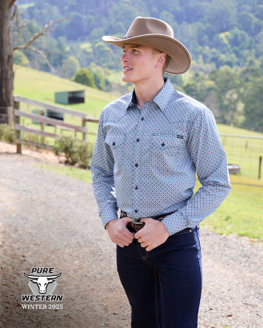 Pure Western Mens Mark Print Western L/S Shirt - Navy/Teal