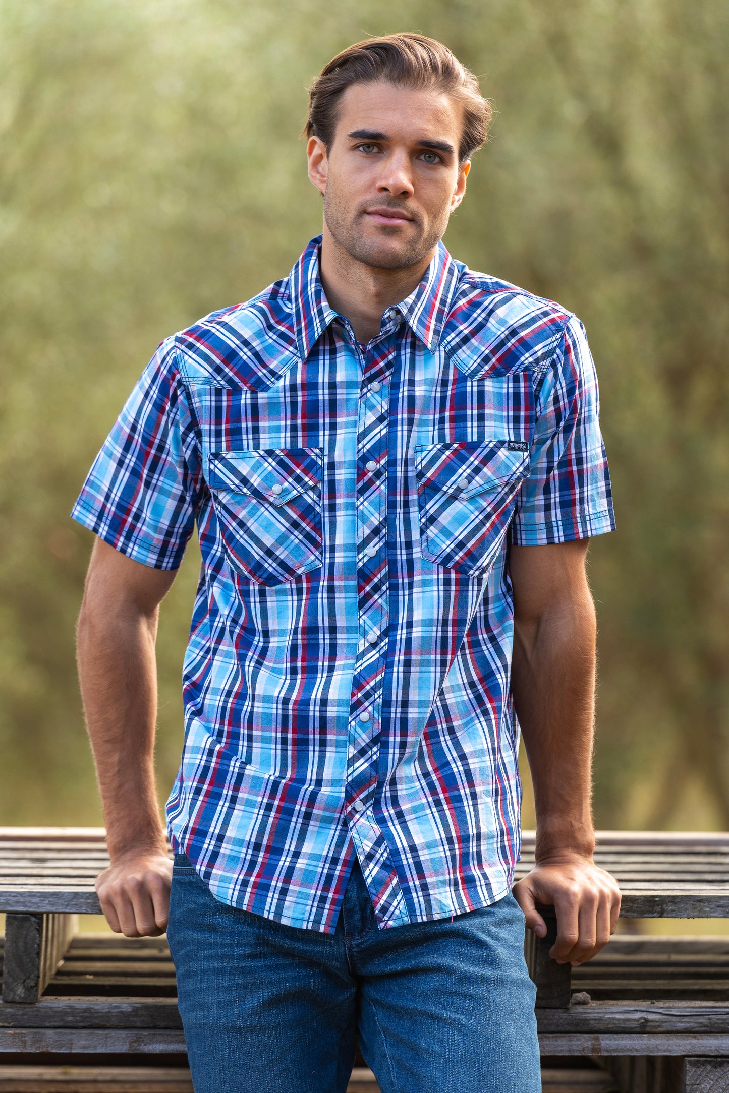 Pure Western Mens Logan S/S Shirt - Navy/Red - P3S1102754